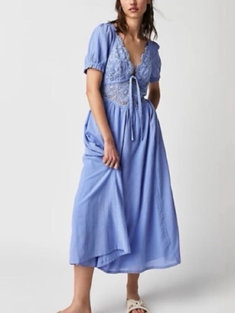 Free People Sky Blue All You Need is Lace-Front Midi Dress Feminine Romantic